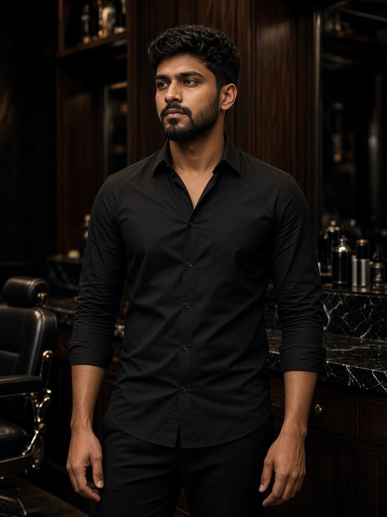Editorial portrait of a master barber in a dark salon