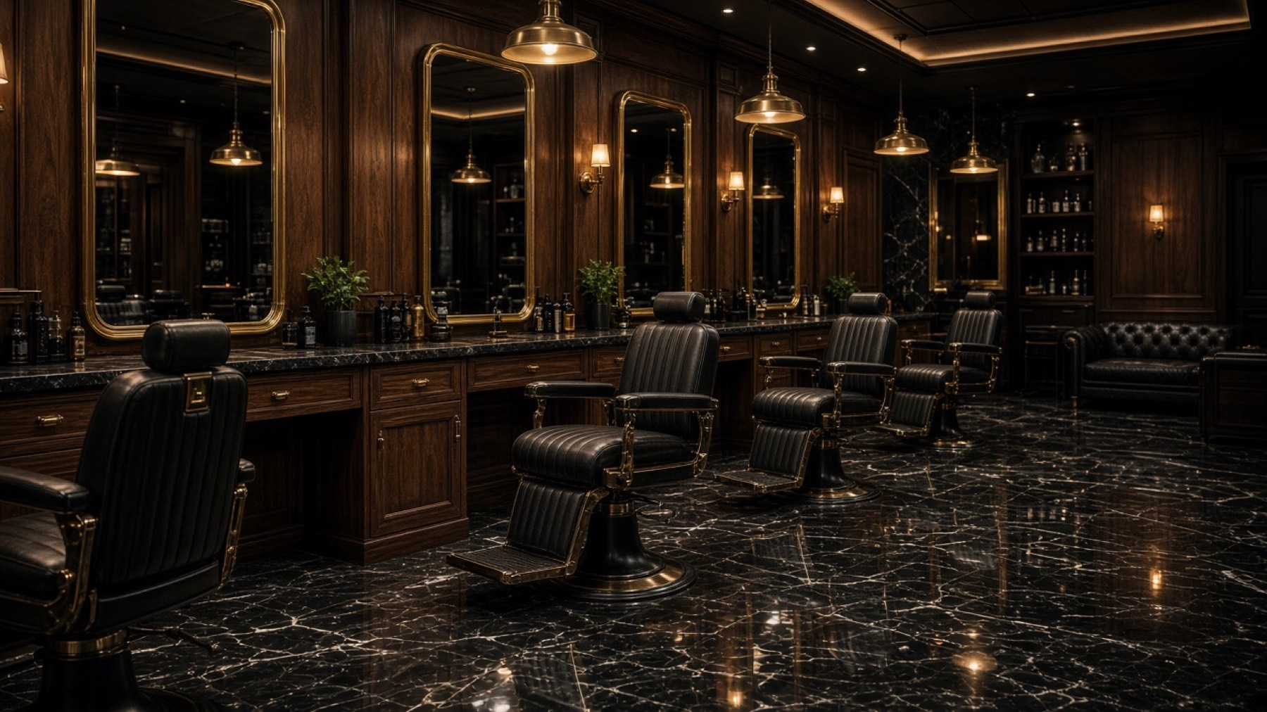Sample luxury barbershop interior in walnut and marble