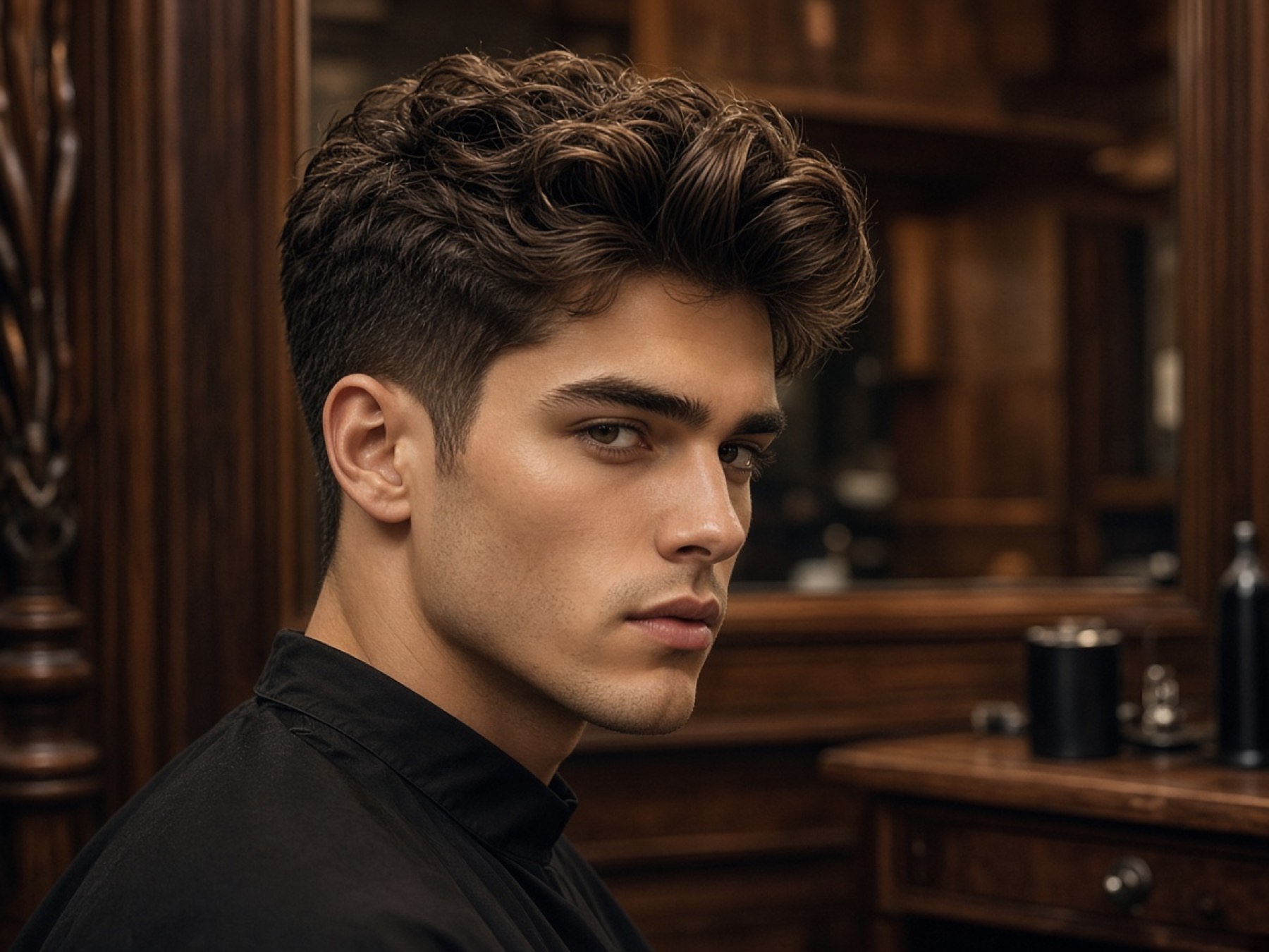 Sample modern hairstyle in warm salon light