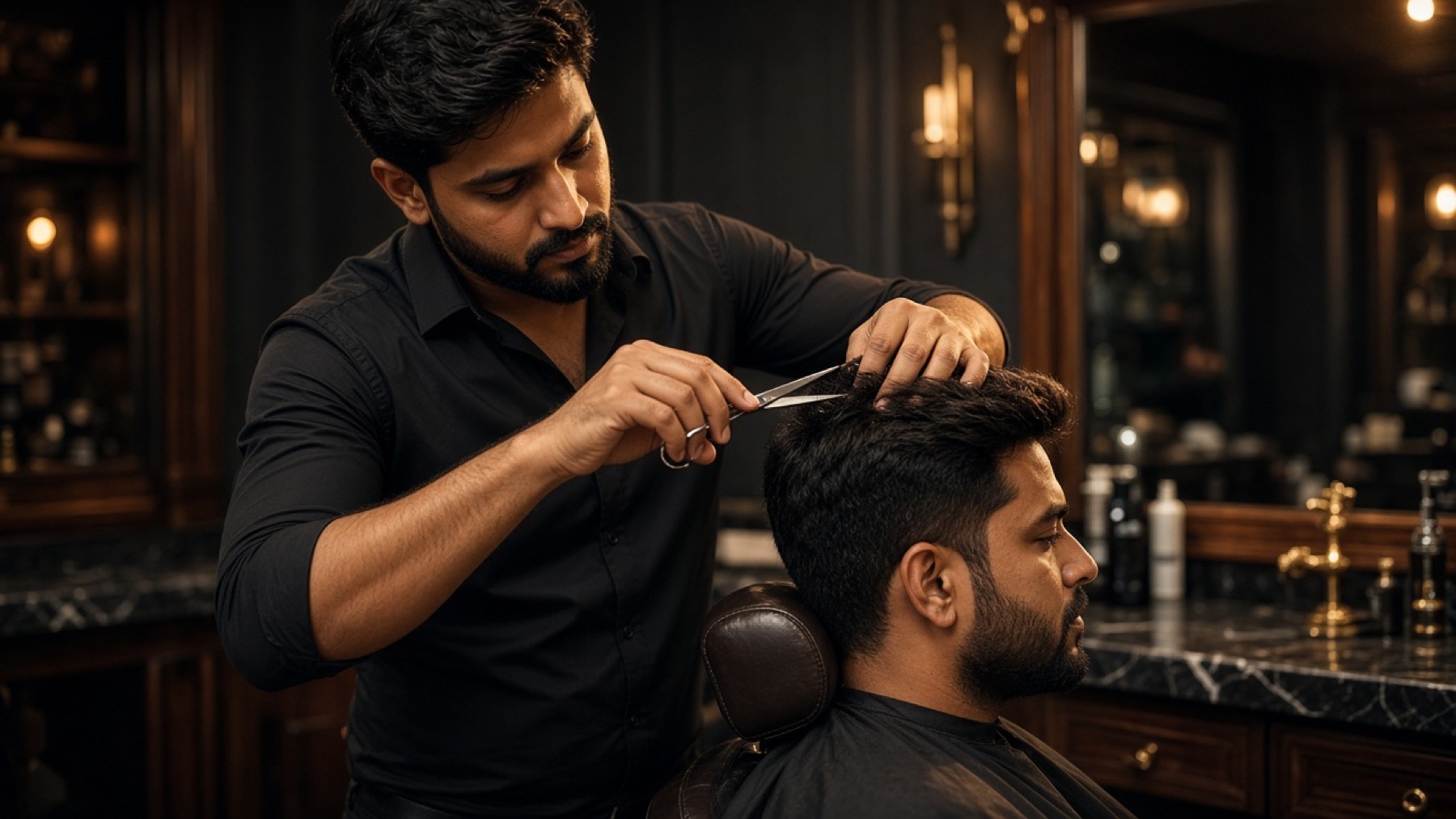 Barber performing a precision haircut in a dark luxury salon