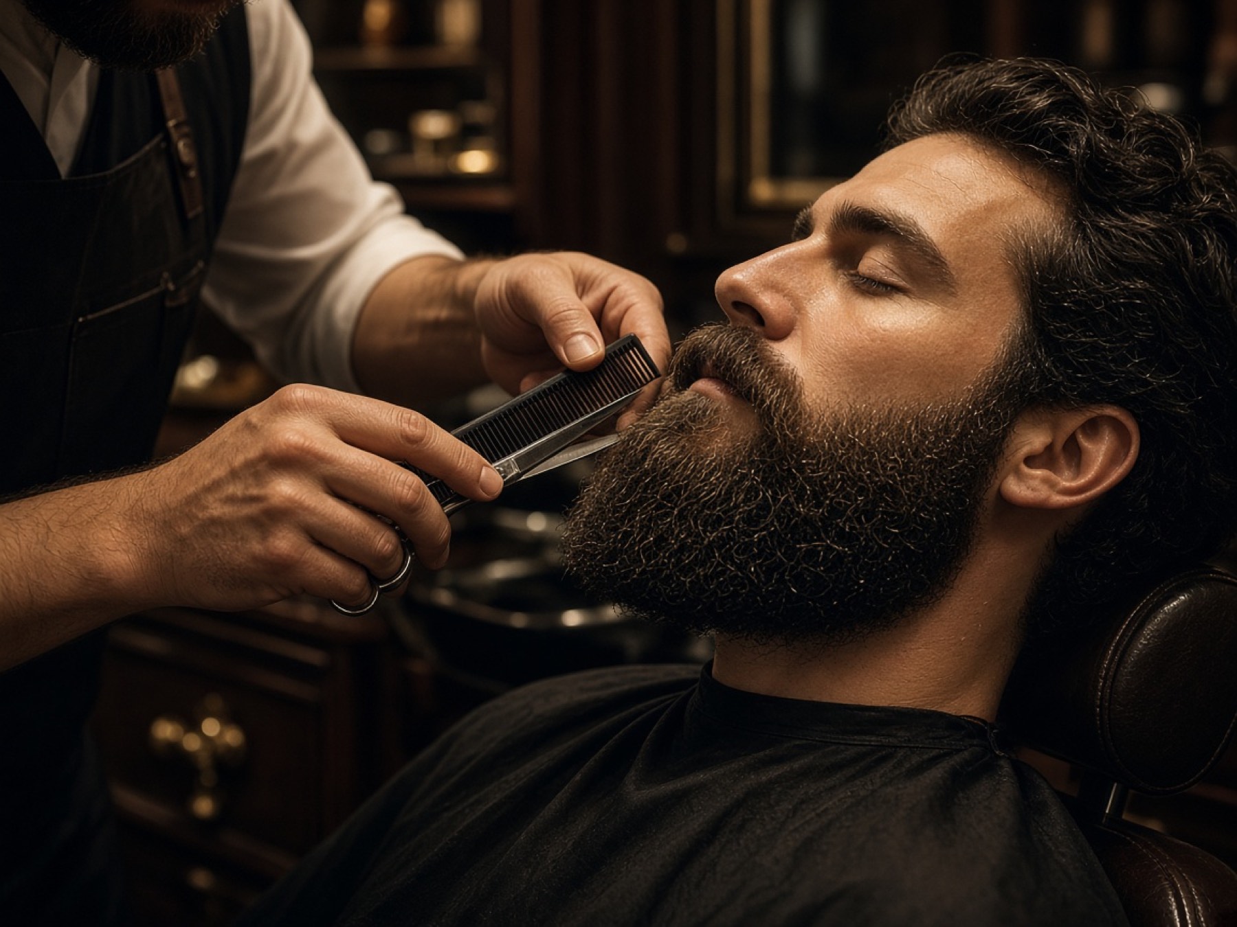 Barber shaping a full beard with comb and scissors