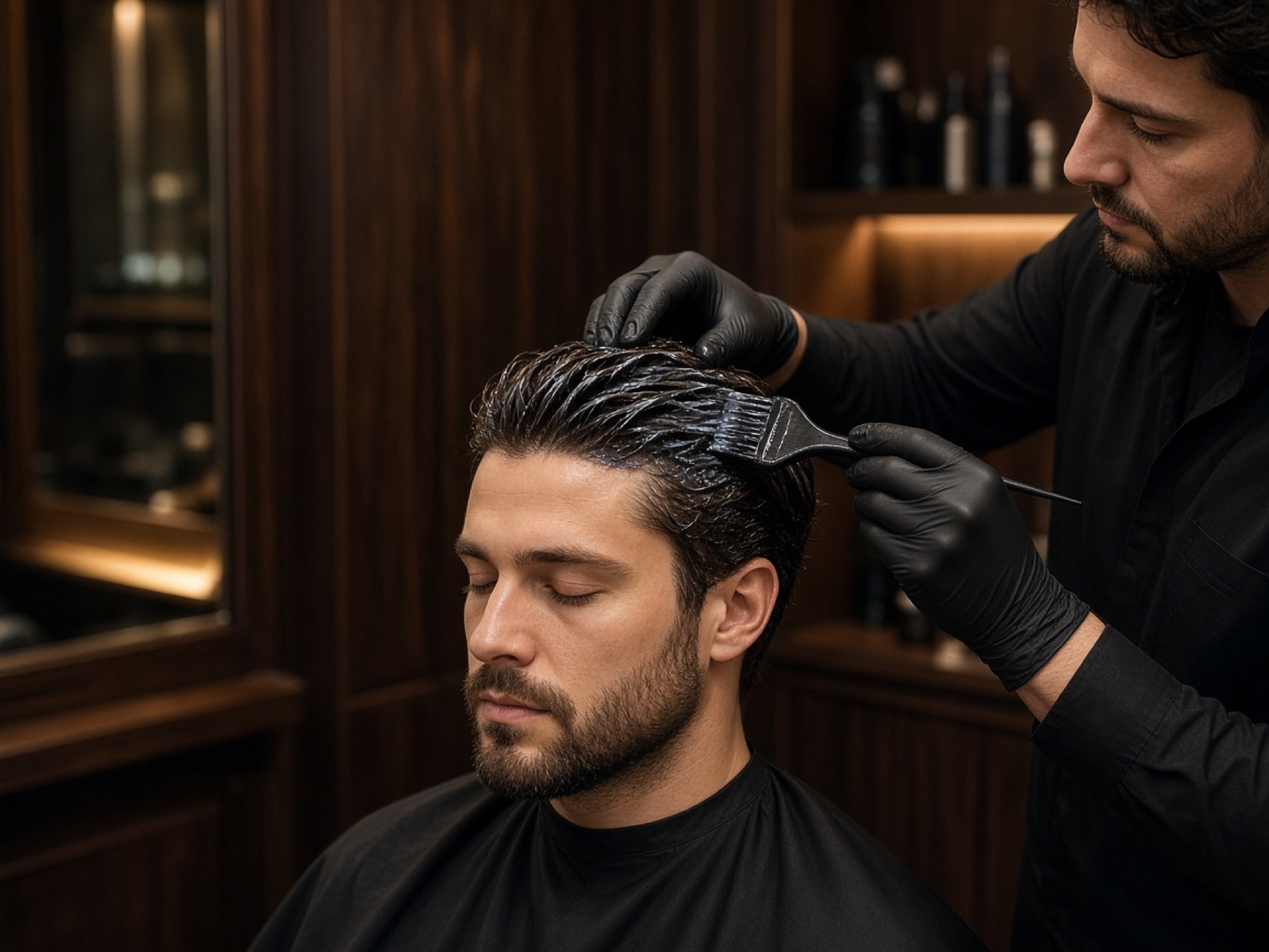 Barber applying hair color in a dark salon