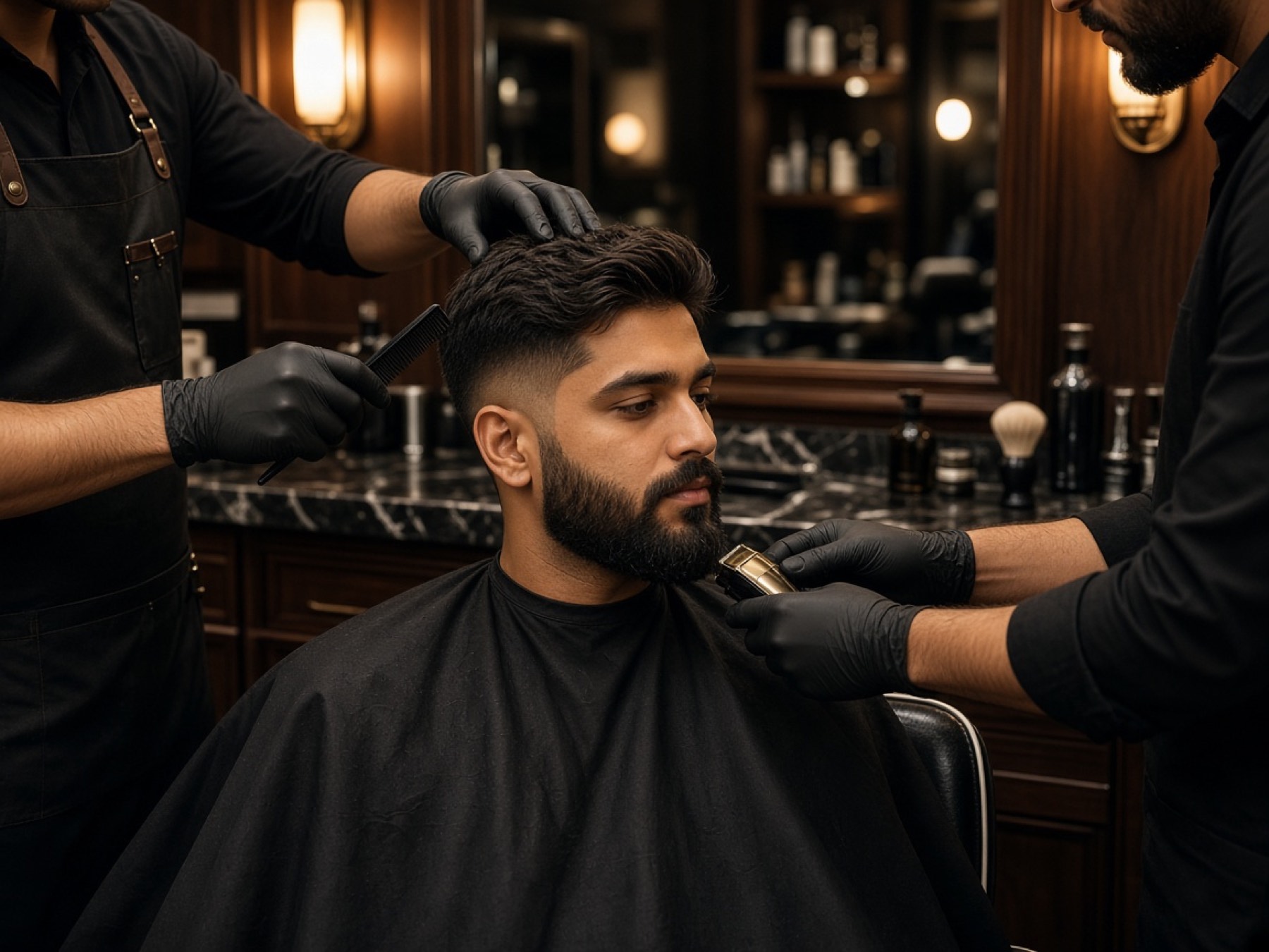 Client receiving a combined haircut and beard detail