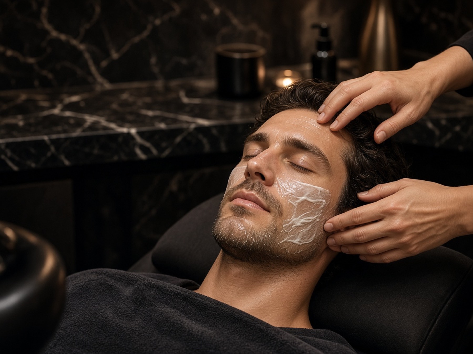 Calm facial treatment in a dim grooming studio