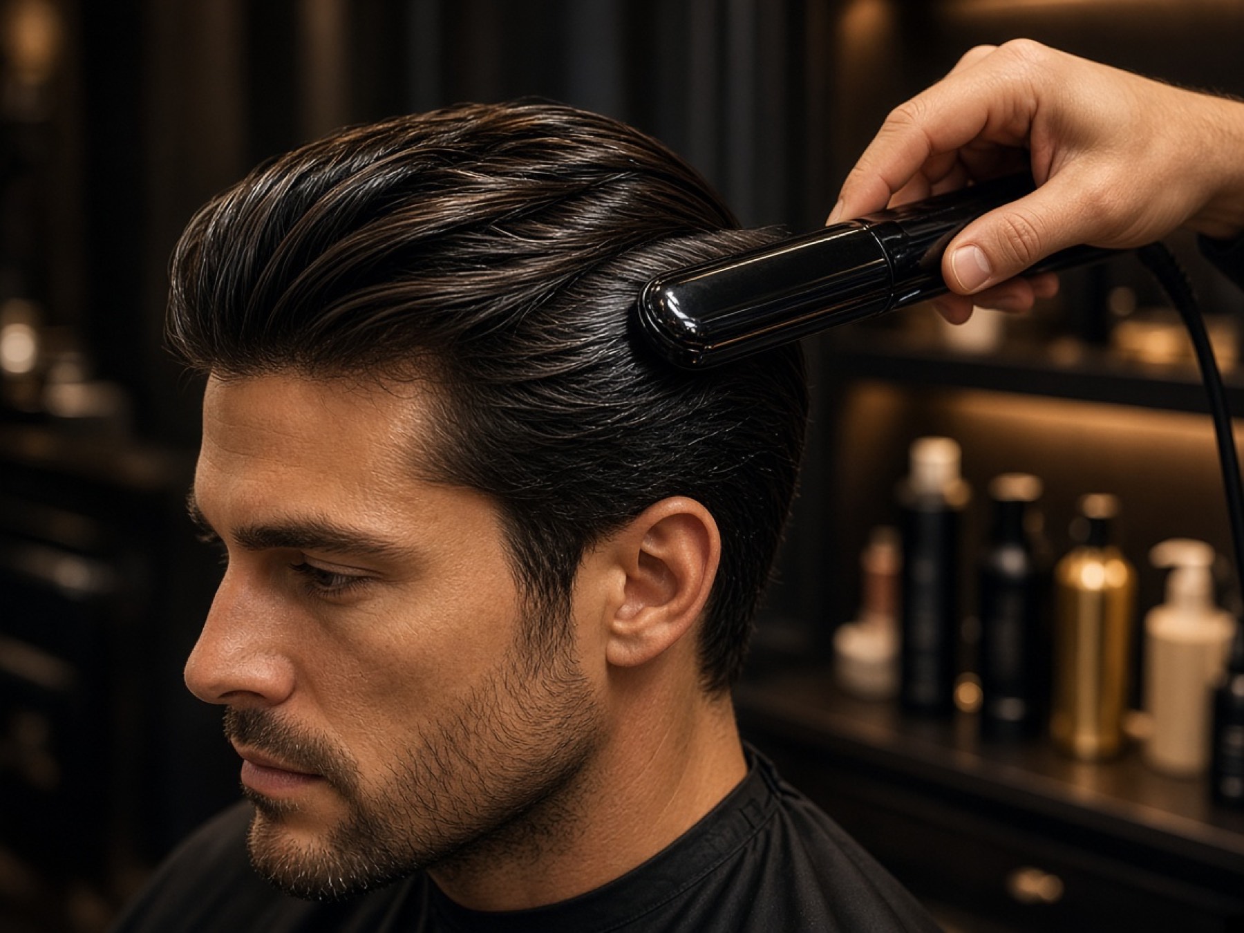 Glossy hair being finished after a keratin treatment