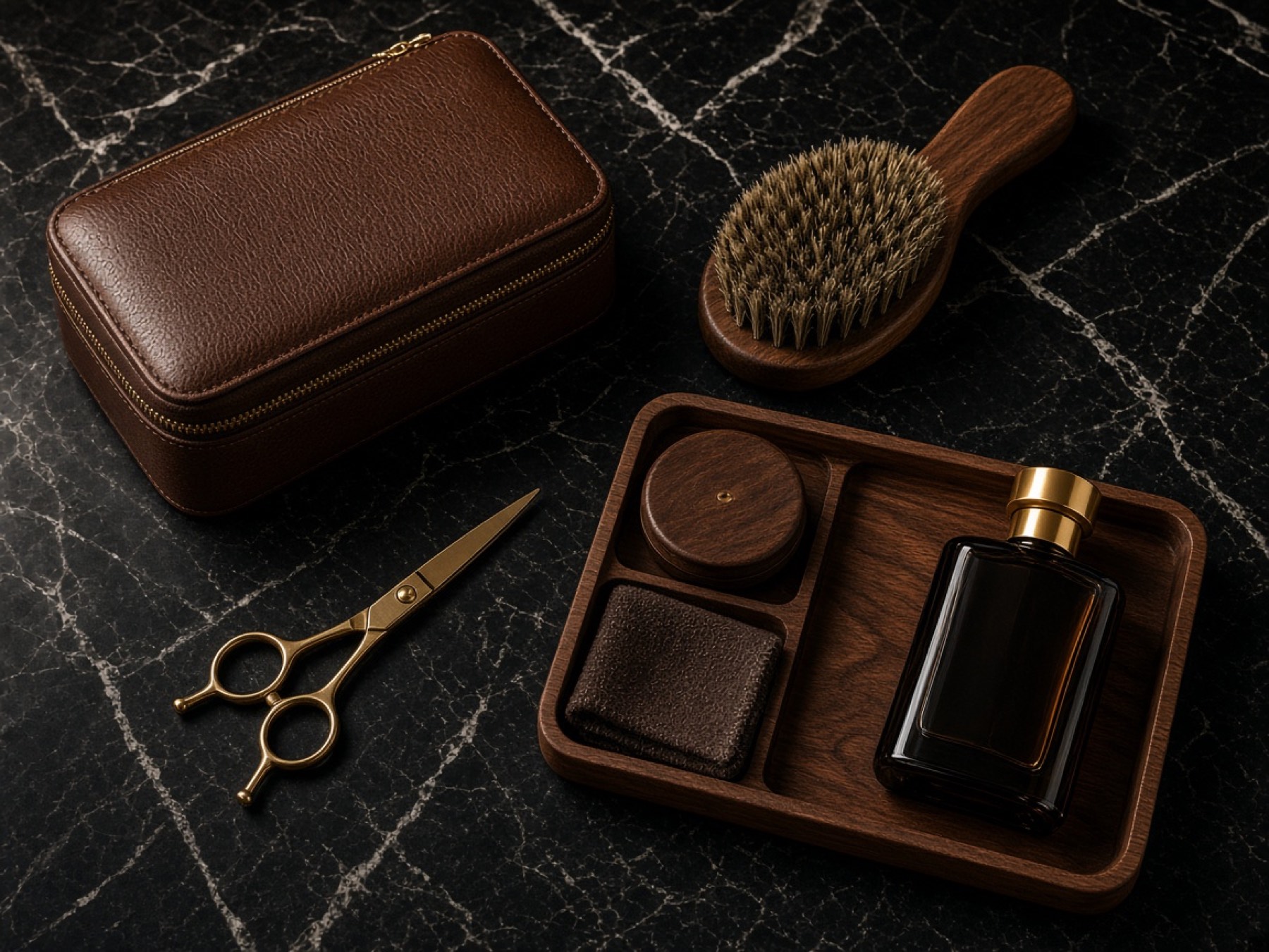 Still life of scissors, brush, and grooming tools on marble