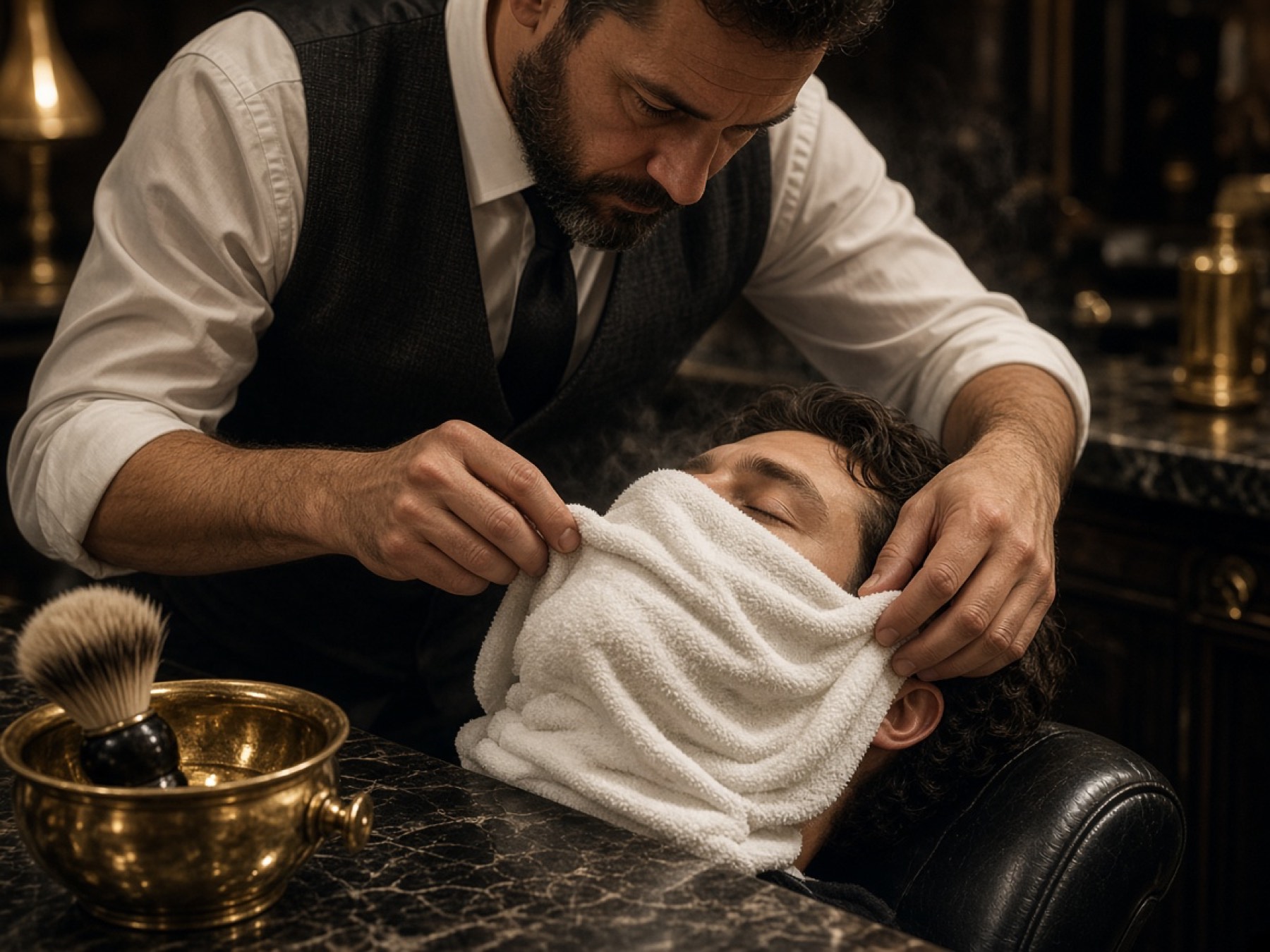 Steaming towel prepared for a traditional shave