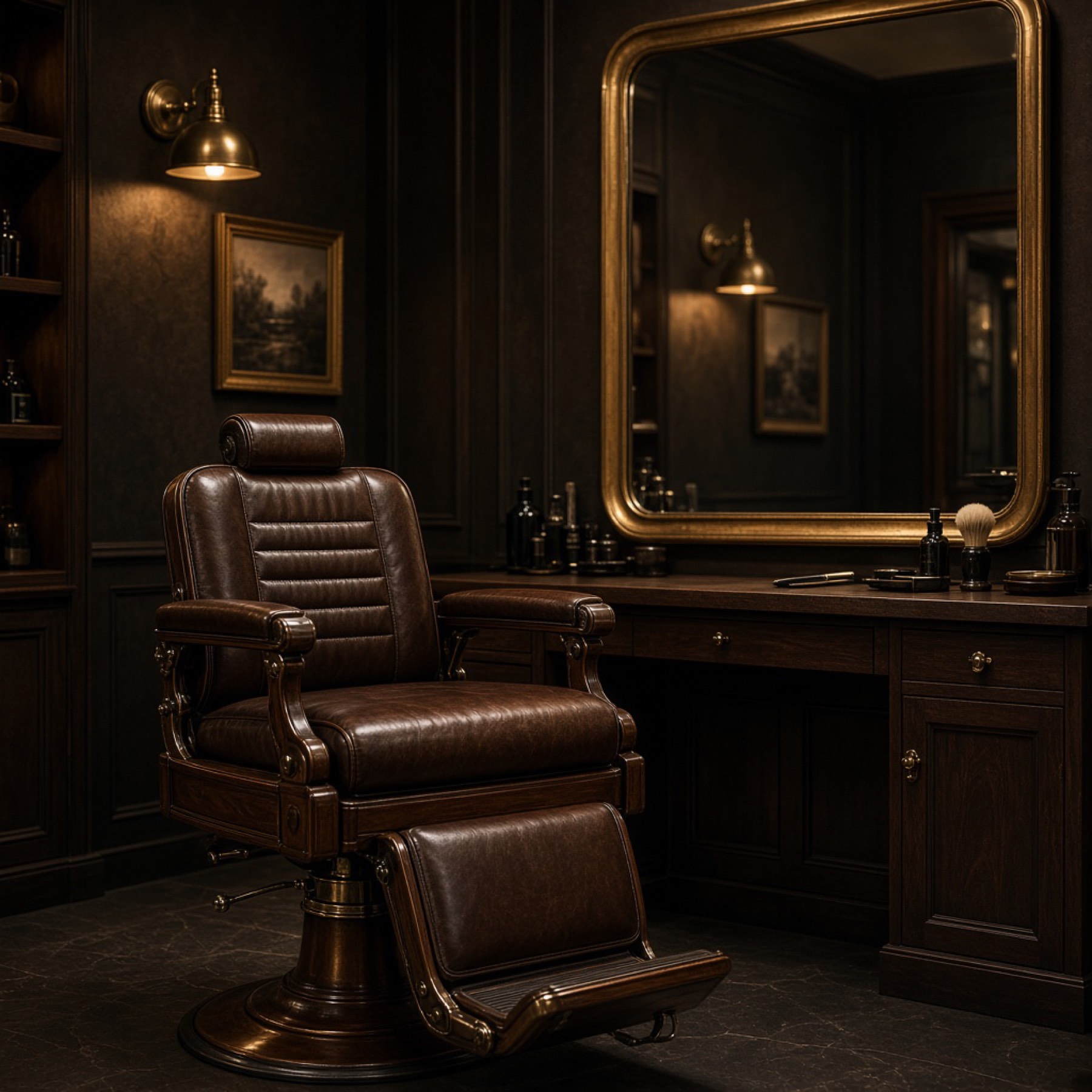Sample walnut chair and brass mirror