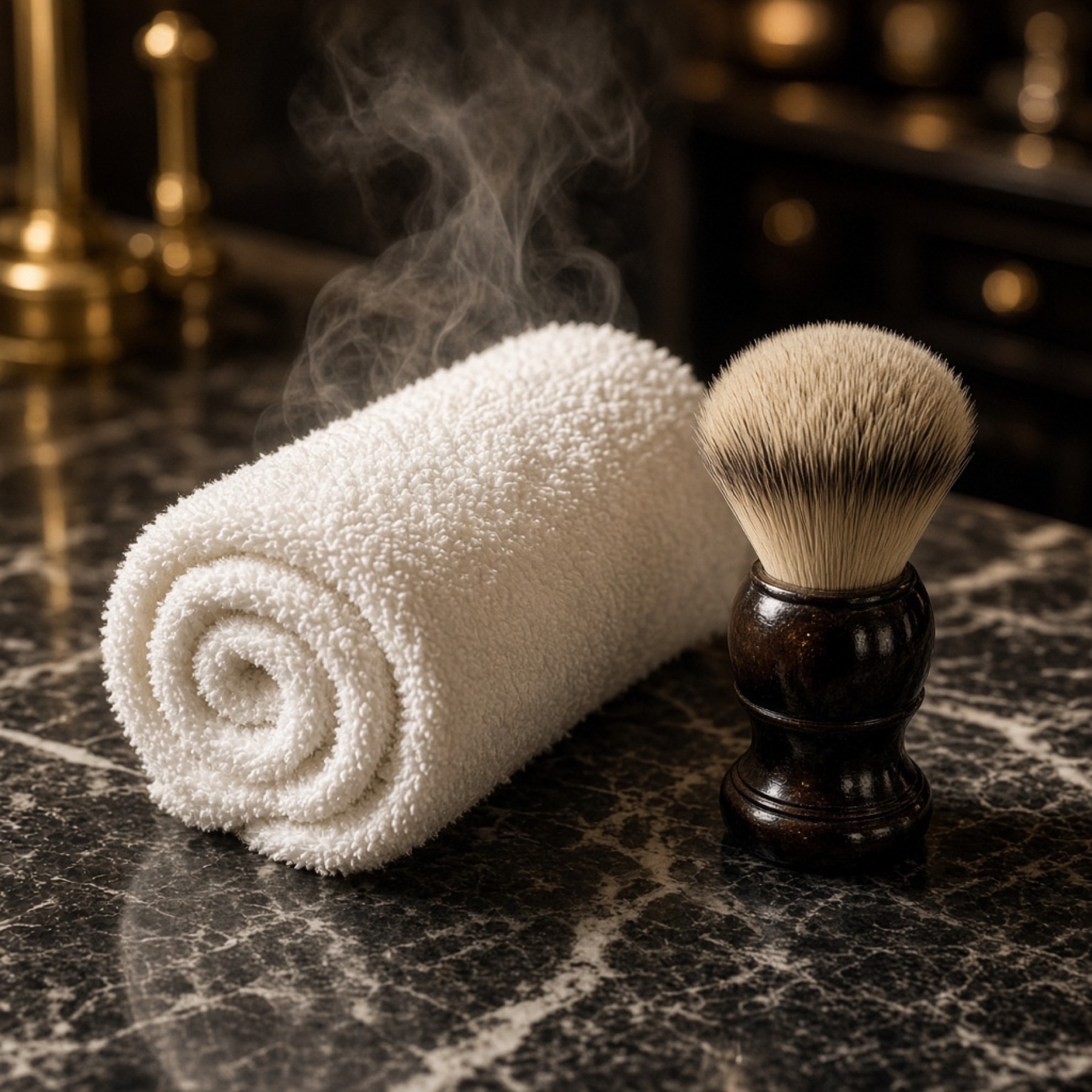 Sample still of a hot towel and shaving brush