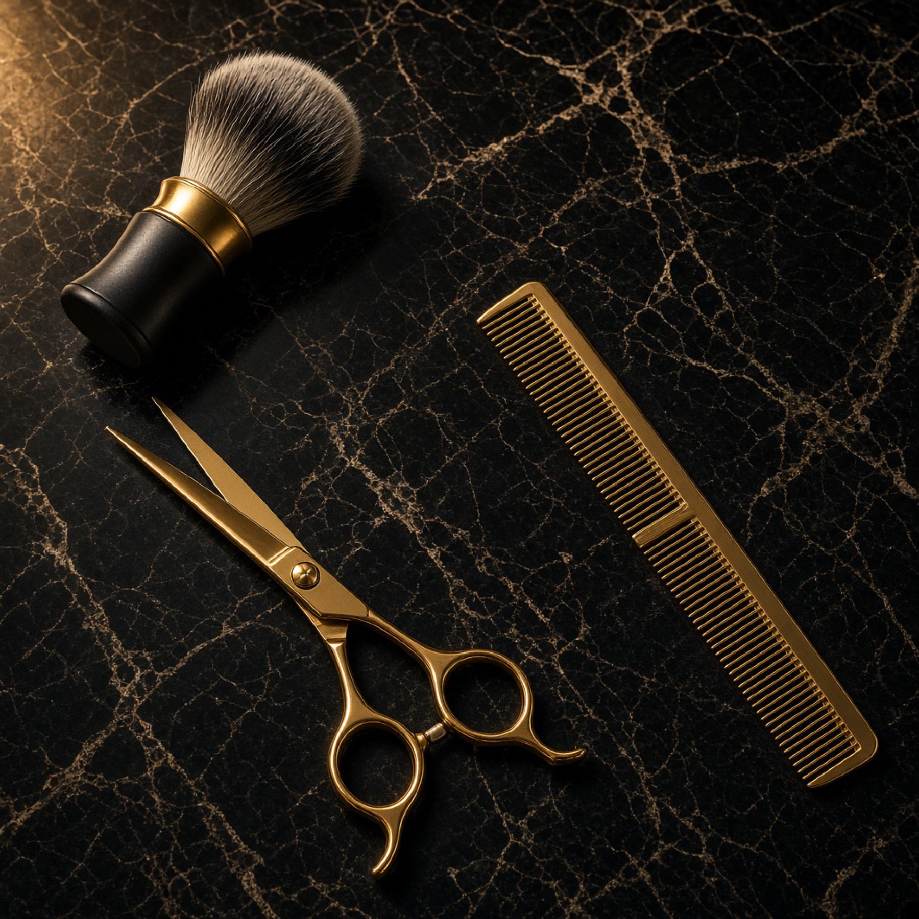 Sample arrangement of barber tools on marble